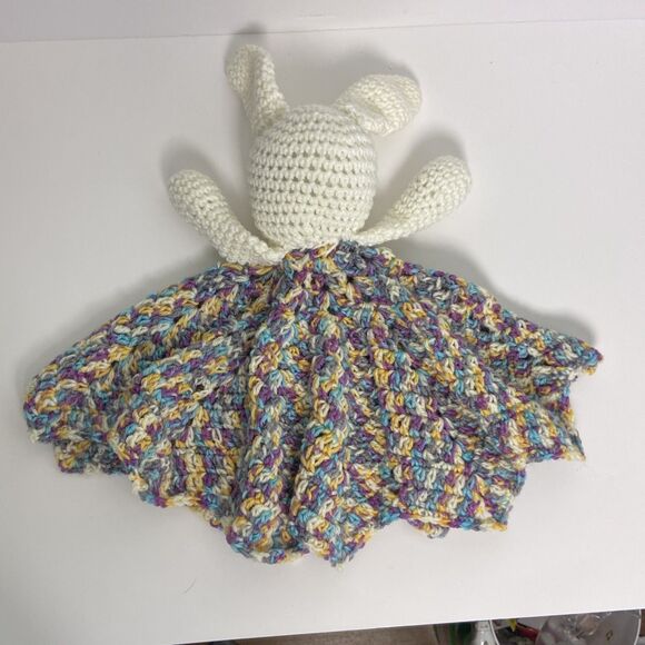 Hand Knit Bunny Lovey Multicolor Skirt Black Button Eyes Pink Nose Mouth - Picture 9 of 12